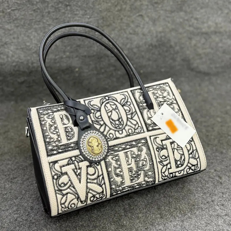 Imported New Elegant Monogram Embroidered Tote Bag with Leather Accents