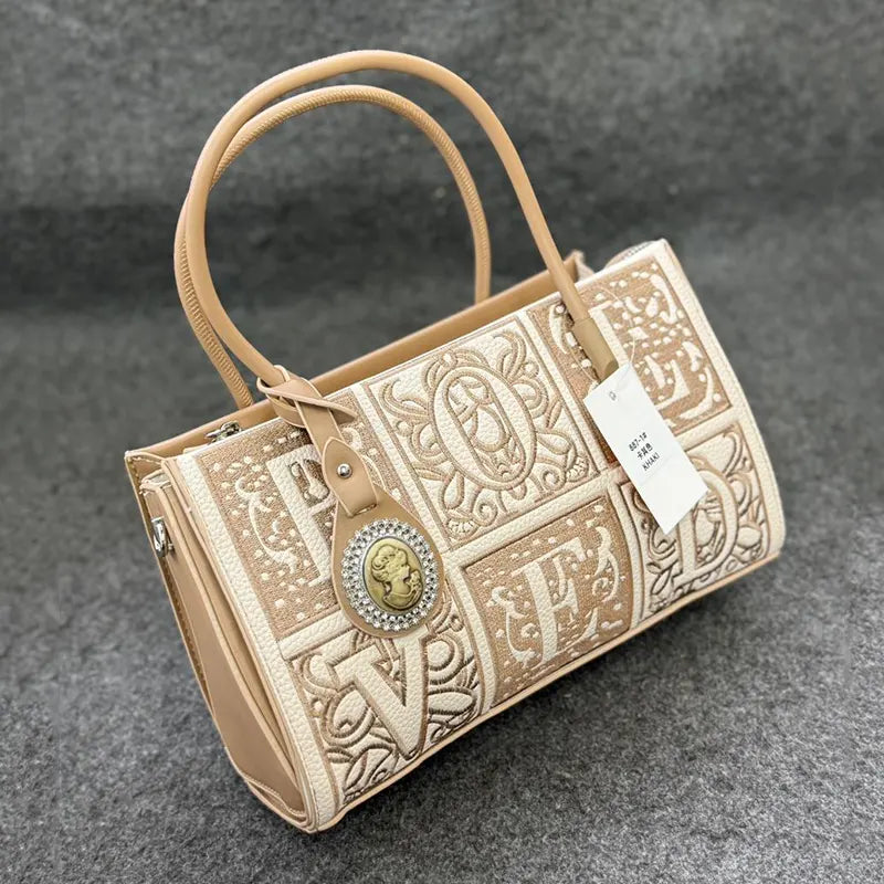 New Elegant Monogram Embroidered Tote Bag with Beige Leather Accents