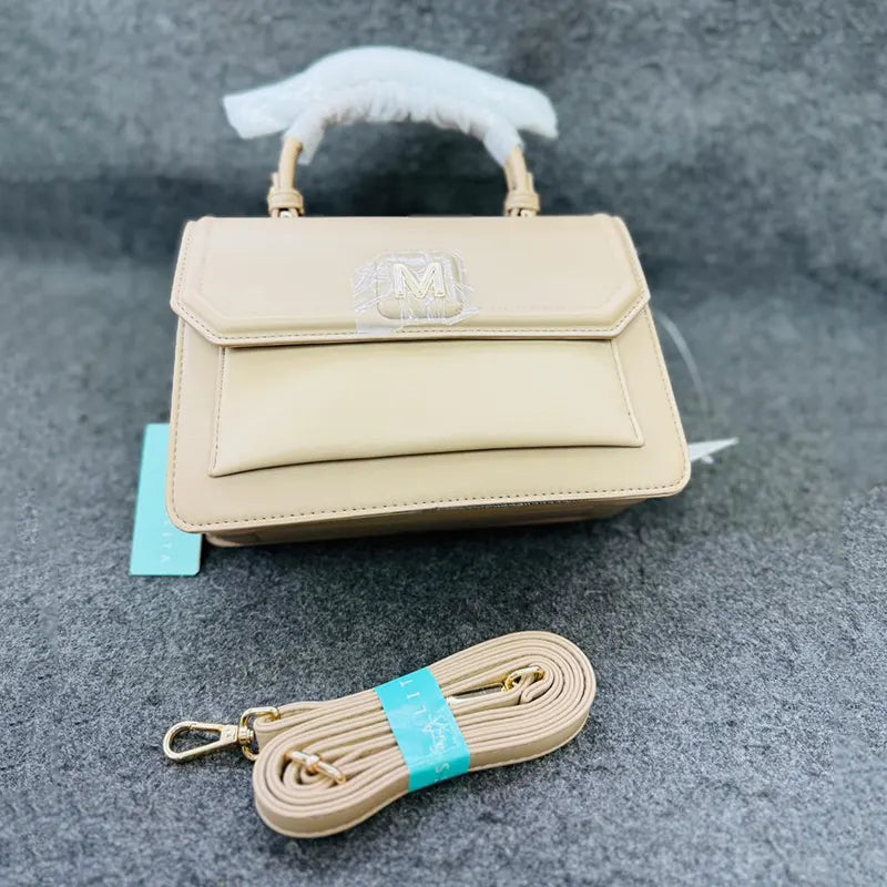 Imported Classic Beige Leather Handbag with Detachable Strap