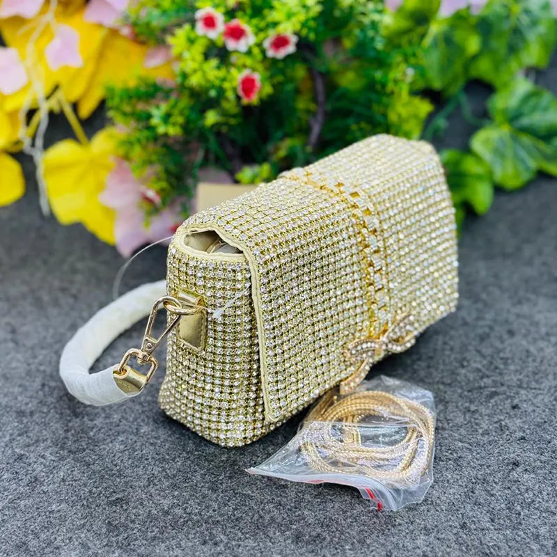 New Luxury Gold Rhinestone Evening Clutch Party Bag with Chain Strap