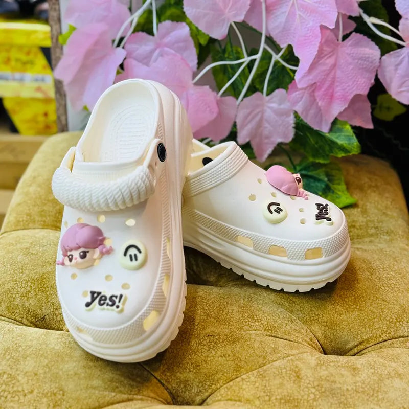 White Cartoon Charm Ladies Clogs– Lightweight Casual Slip-On Sandals