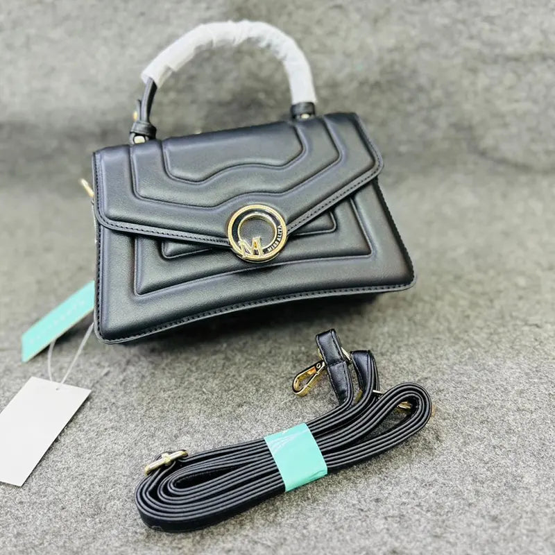 Quilted Black Leather Handbag with Gold-tone M Logo and Detachable Strap