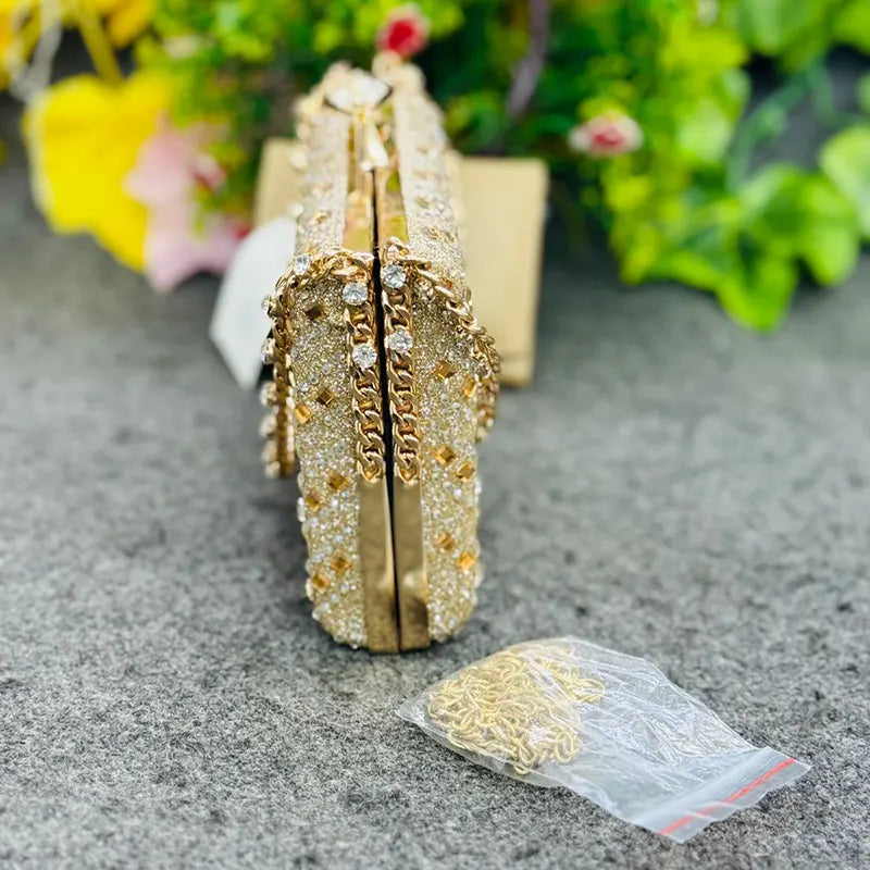 New Imported Glamorous Gold Crystal Evening Clutch Party Bag with Chain Strap