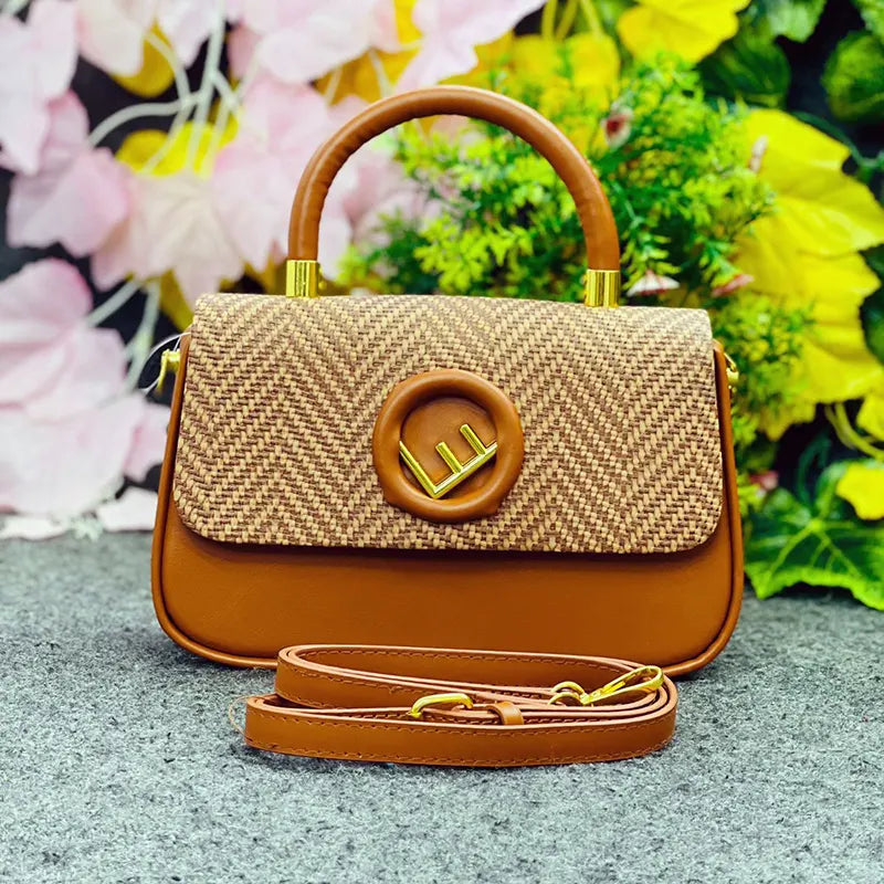 Elegant Two-Tone Textured Handbag with Detachable Strap – Camel & Beige