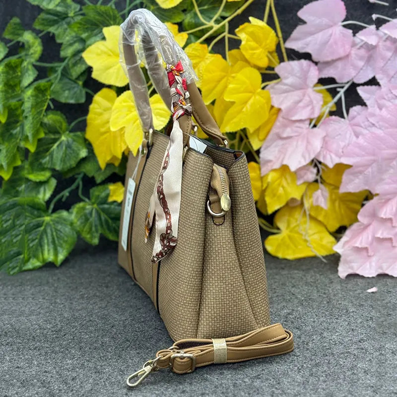 Elegant Textured Handbag with Detachable Strap – Khaki Brown
