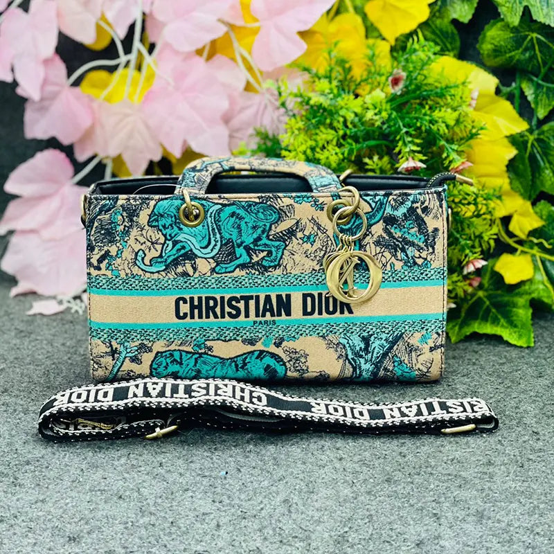 New Christian Dior-Inspired Book Tote Handbag – Teal Jungle Embroidery with Gold Hardware
