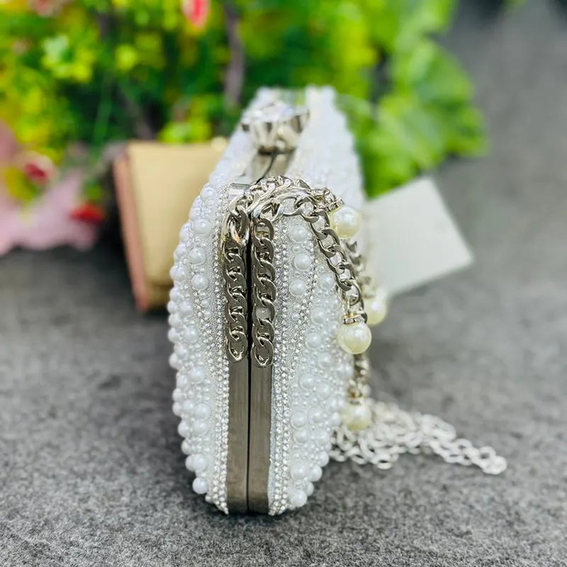 New Elegant White Pearl Beaded Evening Clutch Party Bag with Chain Strap