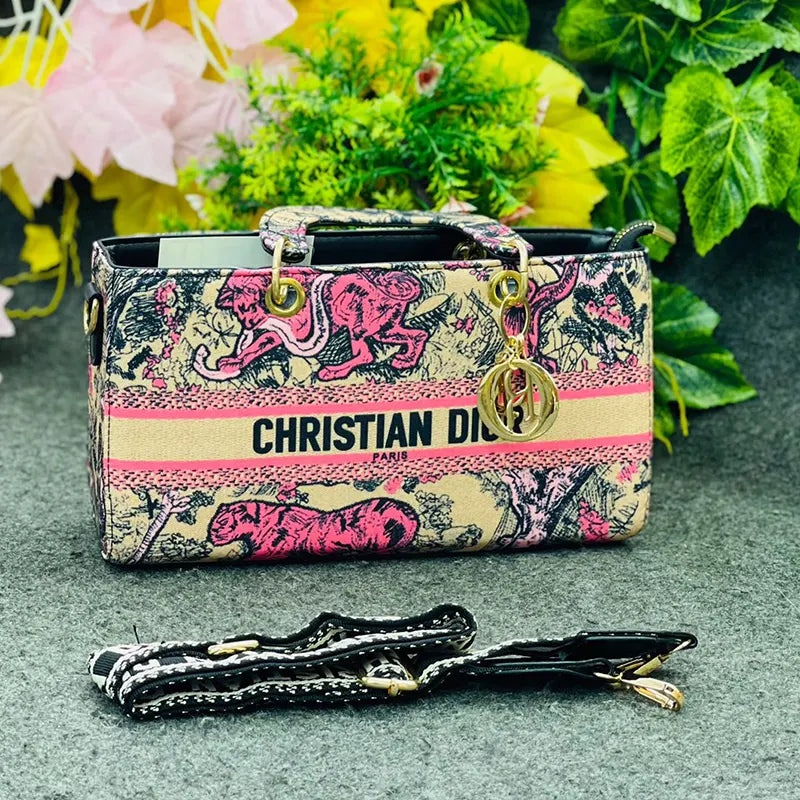 New Imported Christian Dior Book Tote-Inspired Handbag – Pink Jungle Embroidery with Gold Hardware