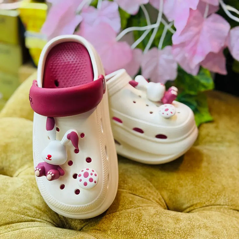 New Imported Ladies Bunny-Themed Comfort Clogs – White & Pink