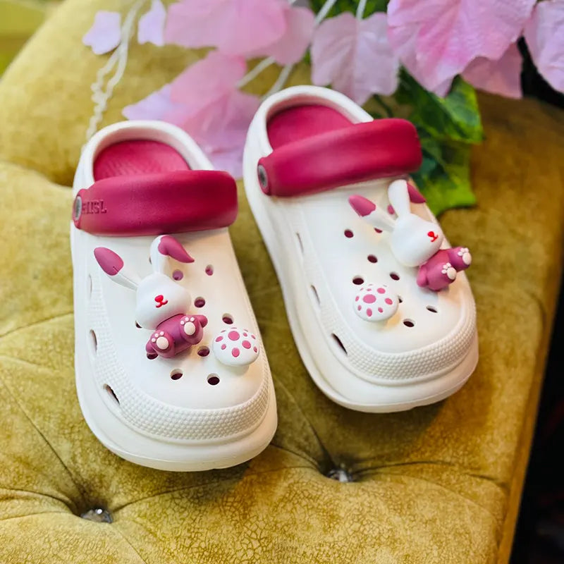 New Imported Ladies Bunny-Themed Comfort Clogs – White & Pink