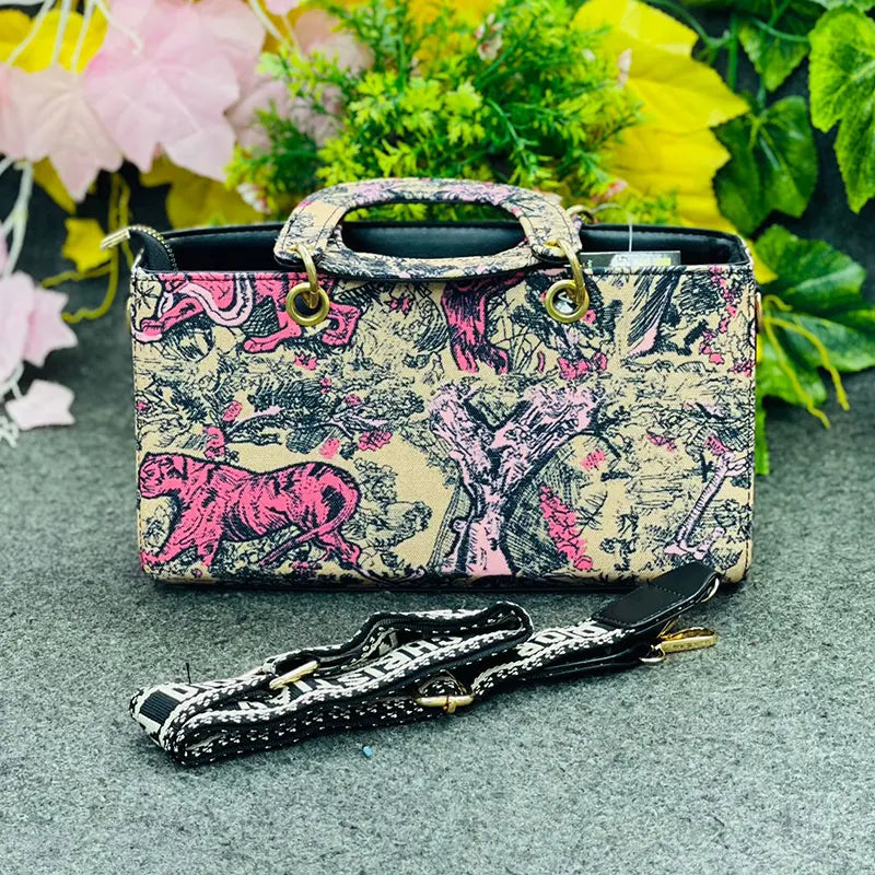 New Imported Christian Dior Book Tote-Inspired Handbag – Pink Jungle Embroidery with Gold Hardware