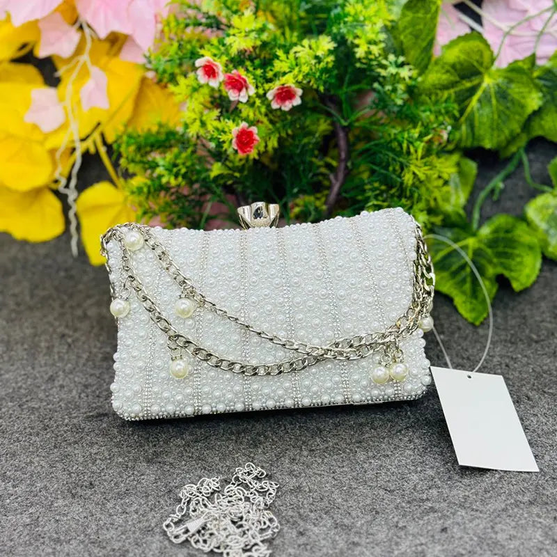 New Elegant White Pearl Beaded Evening Clutch Party Bag with Chain Strap