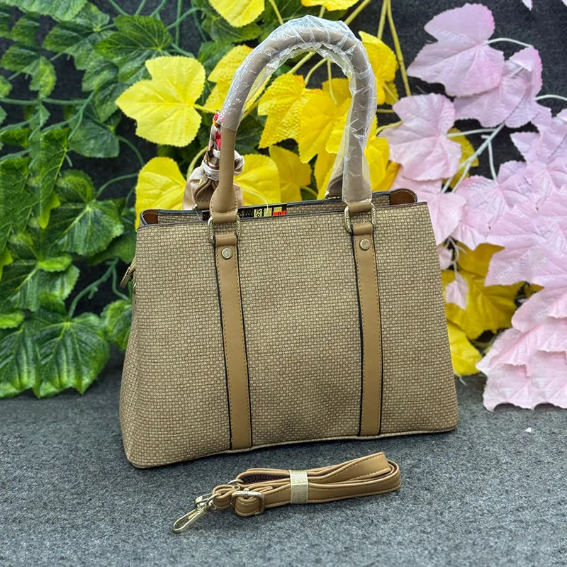 Elegant Textured Handbag with Detachable Strap – Khaki Brown