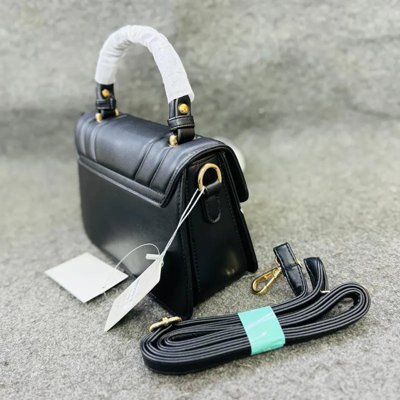 Quilted Black Leather Handbag with Gold-tone M Logo and Detachable Strap