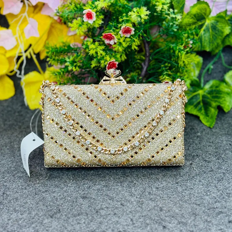 New Imported Glamorous Gold Crystal Evening Clutch Party Bag with Chain Strap