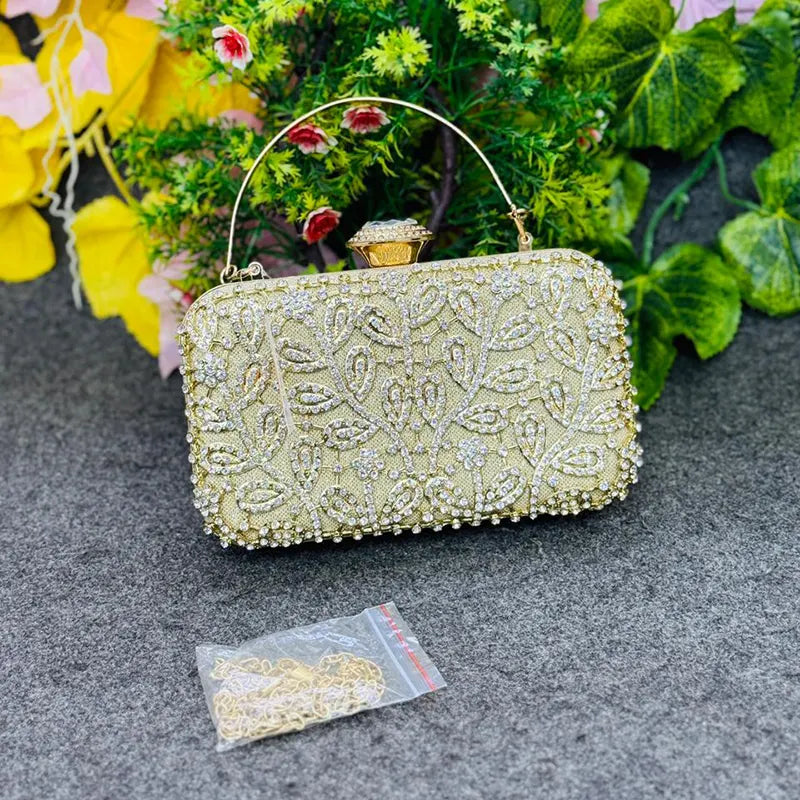 Luxury Gold Embellished Evening Clutch Party Bag with Crystal Detailing
