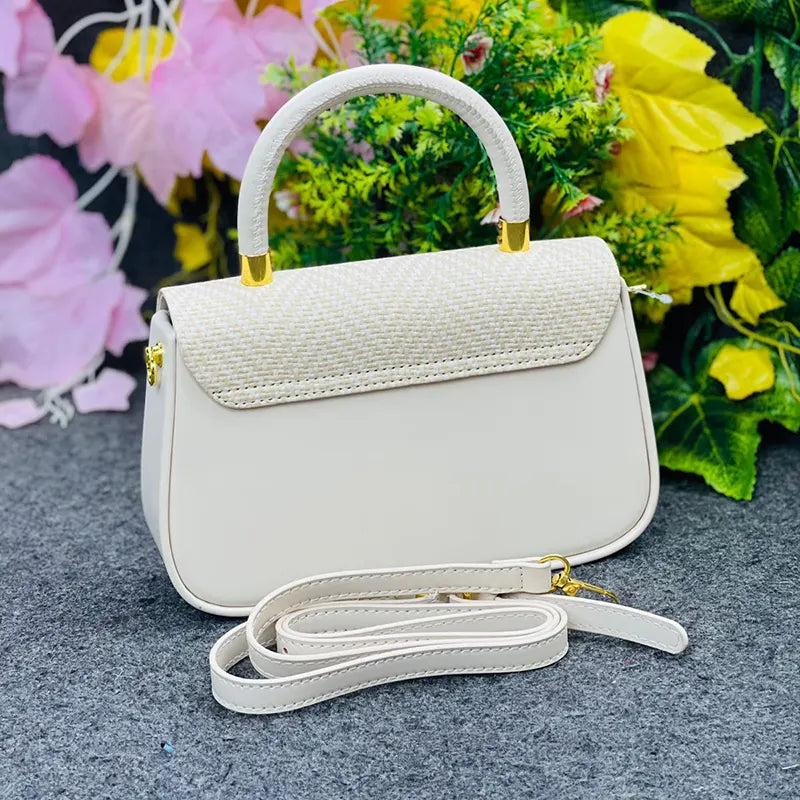 New Elegant White Textured Handbag with Gold Accents & Detachable Strap