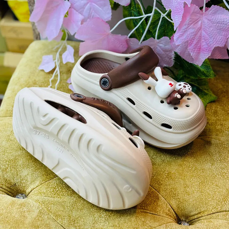 Brown Bunny Platform Clogs – Cozy Slip-On with 3D Charms