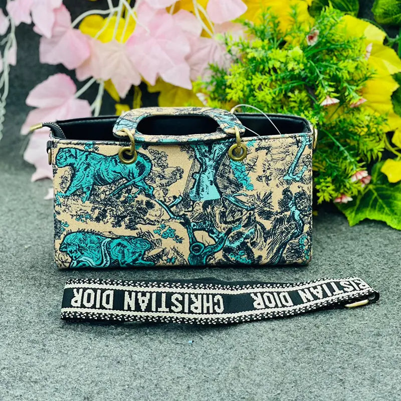 New Christian Dior-Inspired Book Tote Handbag – Teal Jungle Embroidery with Gold Hardware