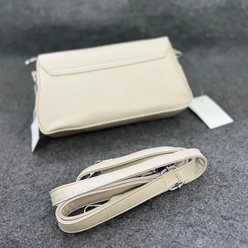 Convertible Off-White Leather Shoulder Bag with Detachable Strap