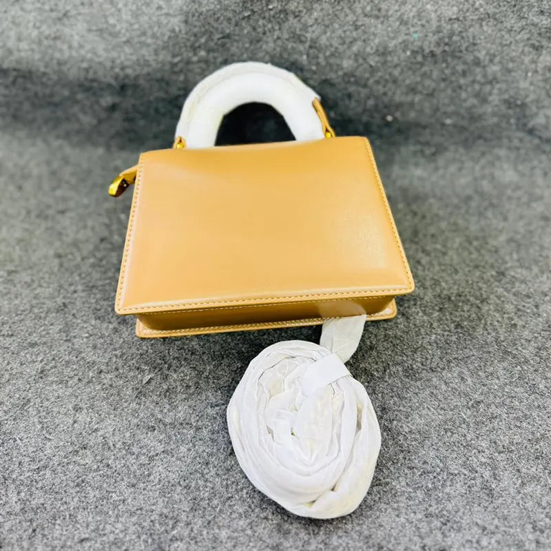 Mini Structured Tan Handbag with Gold Buckle Accent