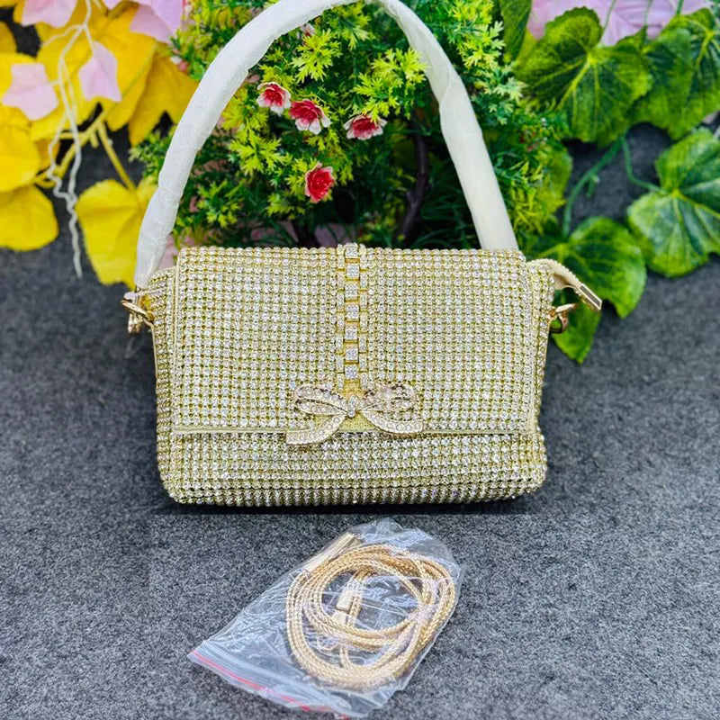 New Luxury Gold Rhinestone Evening Clutch Party Bag with Chain Strap