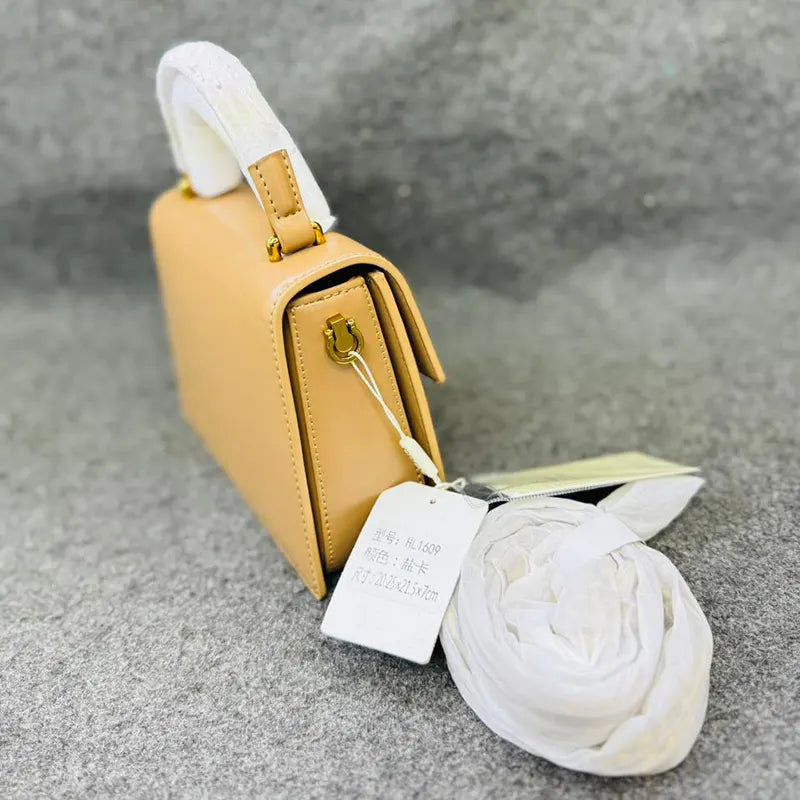 Mini Structured Tan Handbag with Gold Buckle Accent
