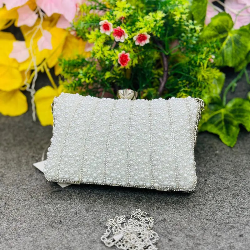 New Elegant White Pearl Beaded Evening Clutch Party Bag with Chain Strap