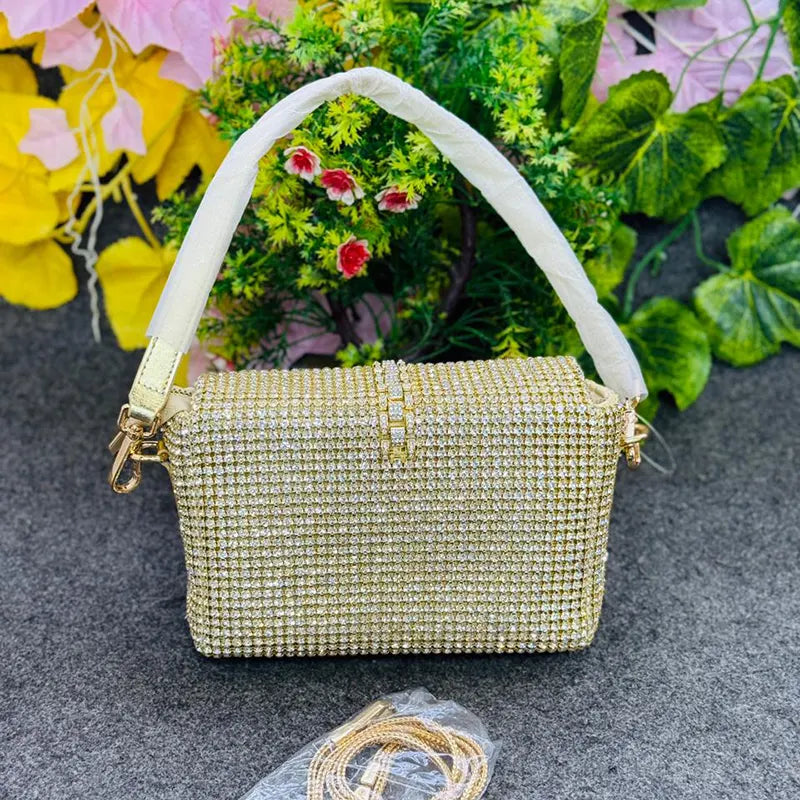 New Luxury Gold Rhinestone Evening Clutch Party Bag with Chain Strap