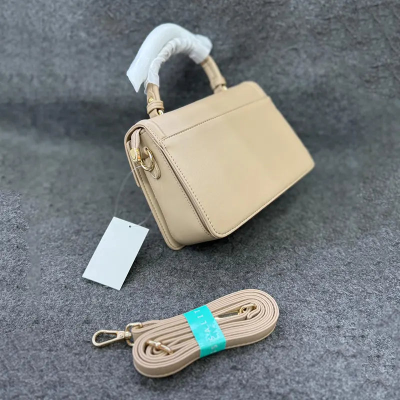 Imported Classic Beige Leather Handbag with Detachable Strap