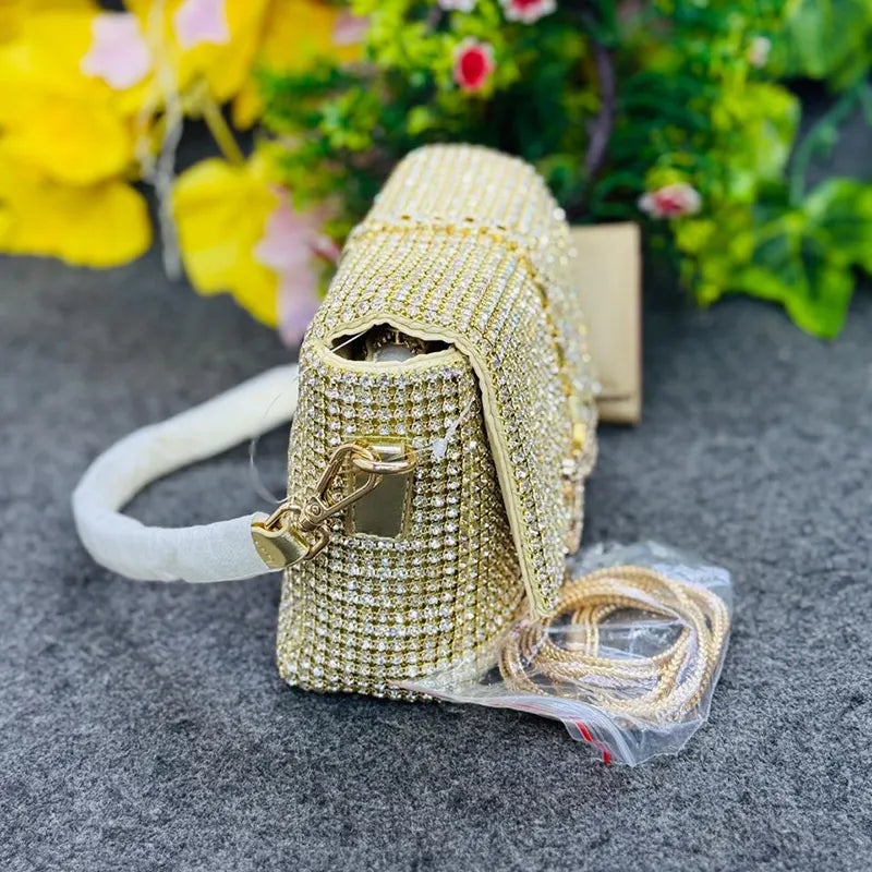 New Luxury Gold Rhinestone Evening Clutch Party Bag with Chain Strap