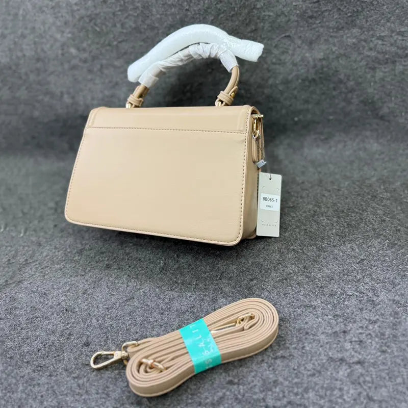 Imported Classic Beige Leather Handbag with Detachable Strap