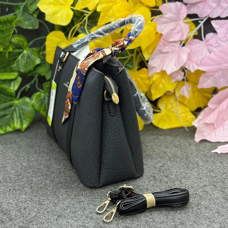Premium Black Textured Handbag with Decorative Scarf – CHRISBELLA