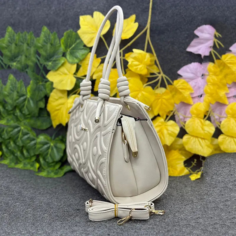 Elegant Textured Cream White Handbag with Knot Handles