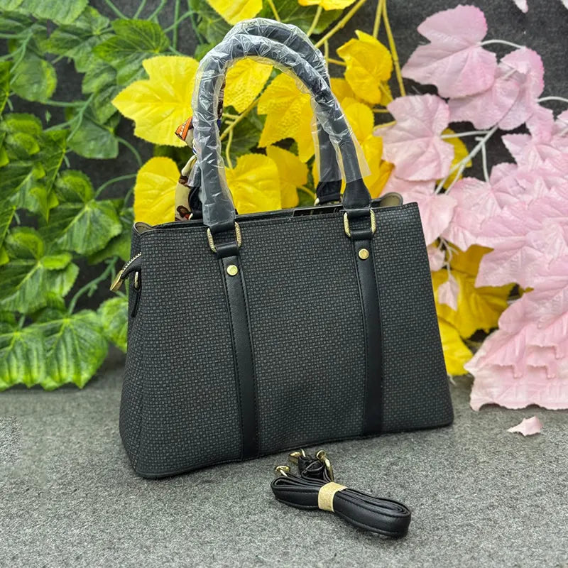 Premium Black Textured Handbag with Decorative Scarf – CHRISBELLA