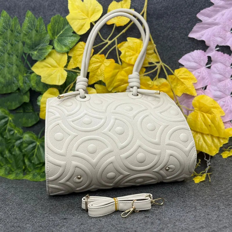 Elegant Textured Cream White Handbag with Knot Handles
