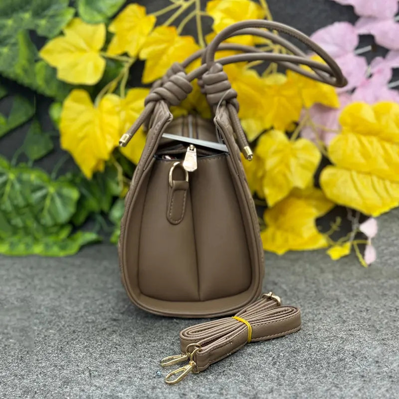 Textured Embossed Mocha Brown Handbag with Knot Handles
