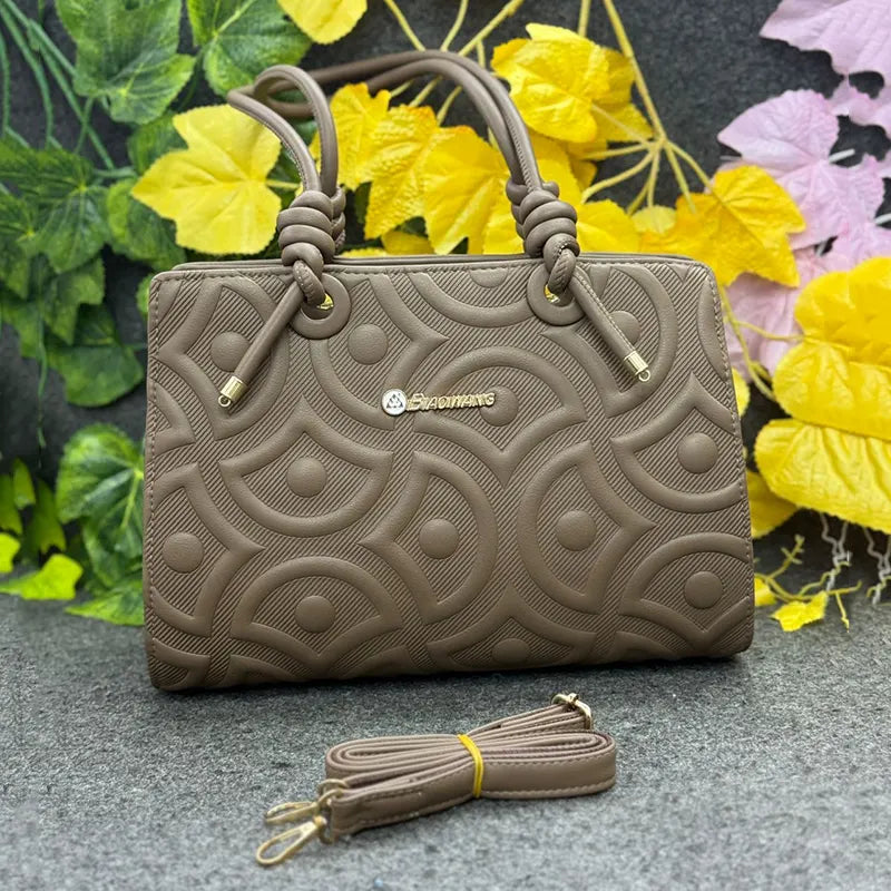 Textured Embossed Mocha Brown Handbag with Knot Handles