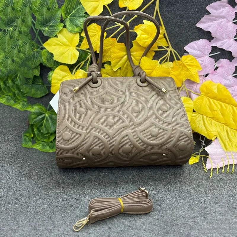 Textured Embossed Mocha Brown Handbag with Knot Handles