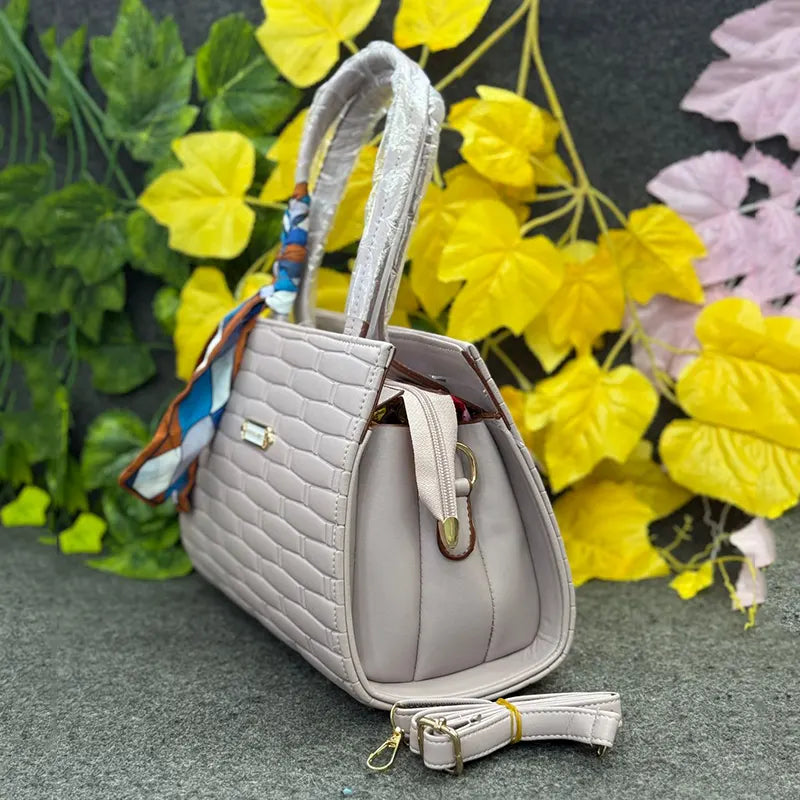New Imported Textured Soft Beige Handbag with Scarf Detail