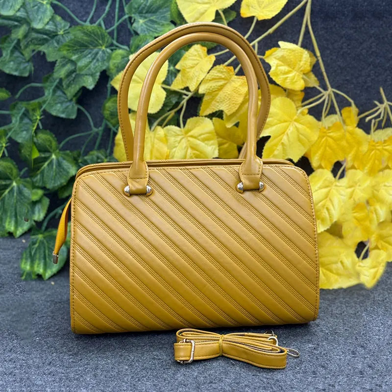 New Quilted Diagonal-Stitch Mustard Yellow Ladies Handbag