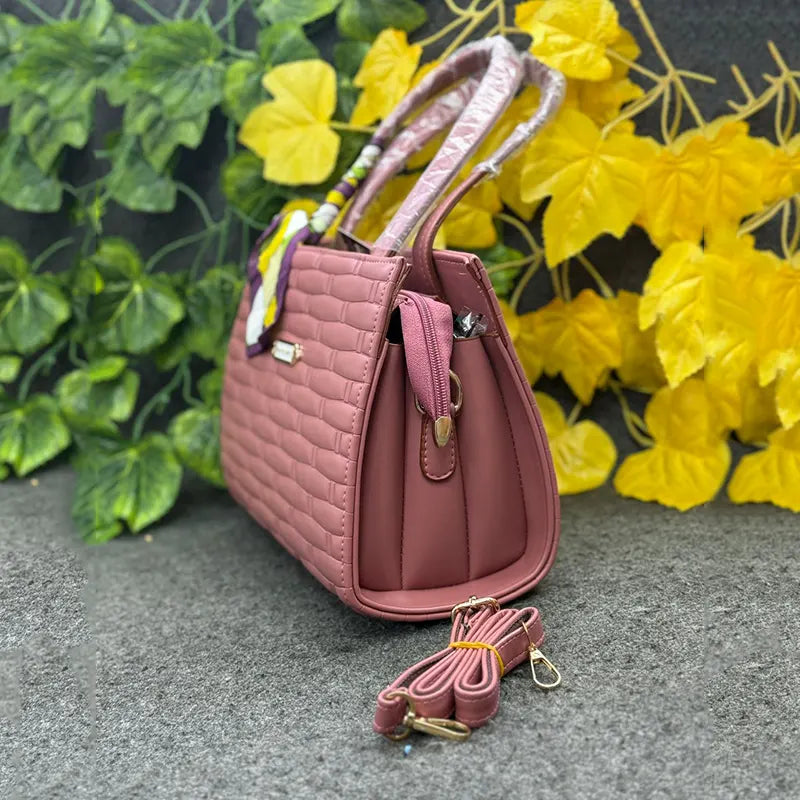 Imported Textured Woven-Design Rose Pink Handbag For Women