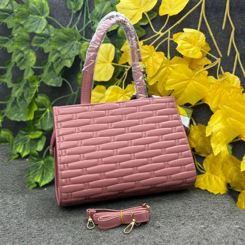 Imported Textured Woven-Design Rose Pink Handbag For Women