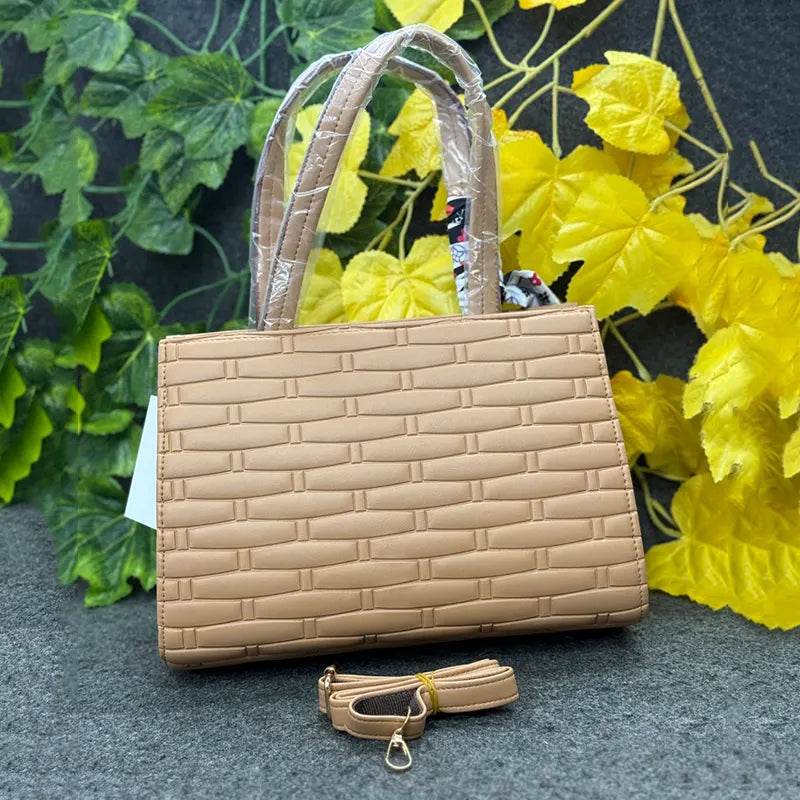 Imported Textured Classic Beige Woven-Pattern Ladies Handbag