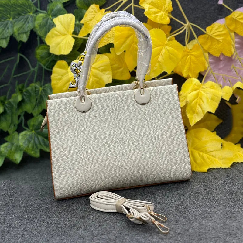 Chic Beige Textured Handbag with Smiley Scarf & Star Charm