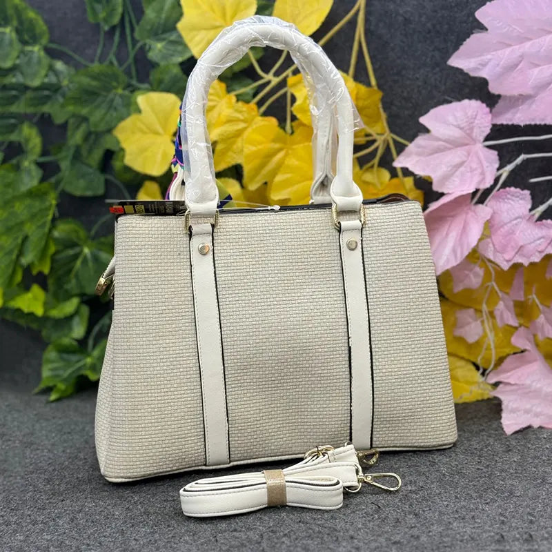 Cream Structured Ladies Handbag with Colorful Scarf Accent – Elegant & Versatile