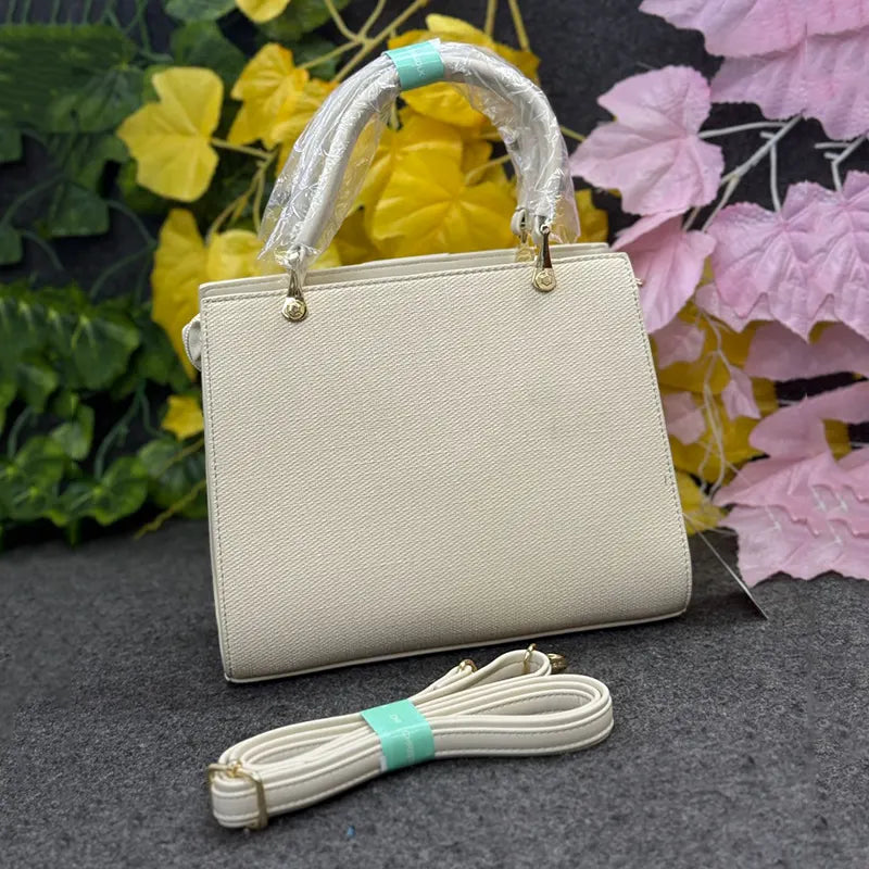 Elegant Cream Textured Ladies Handbag with Detachable Strap