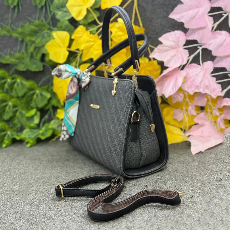 Chic Black Textured Ladies Handbag with Decorative Scarf – Elegant Everyday Carry