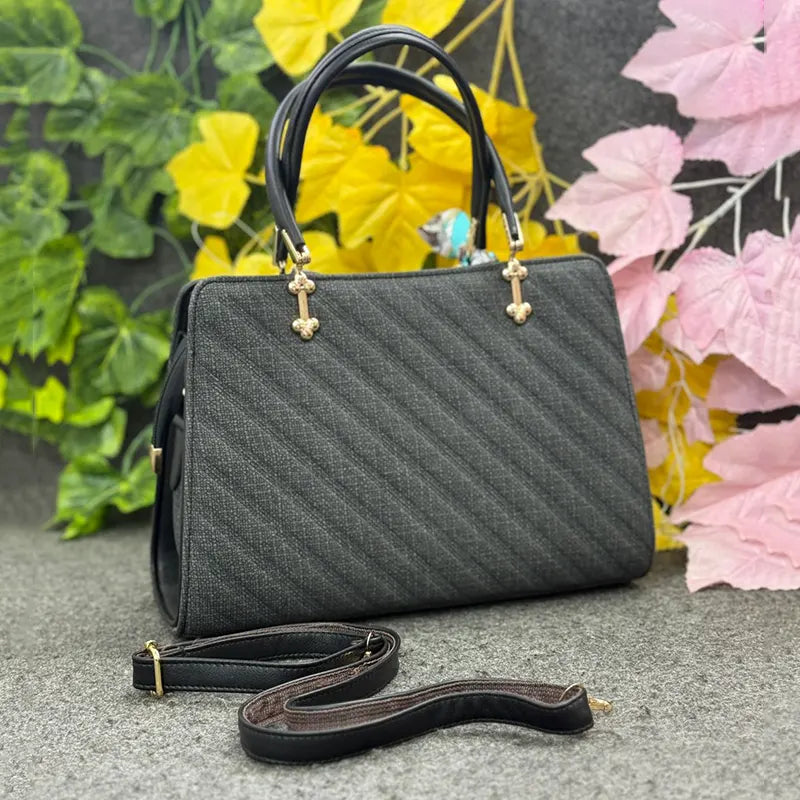 Chic Black Textured Ladies Handbag with Decorative Scarf – Elegant Everyday Carry