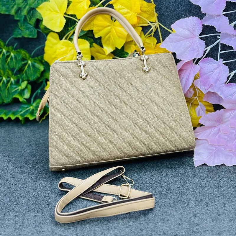 Elegant Beige Textured Handbag with Printed Scarf & Gold Detailing – Versatile & Stylish